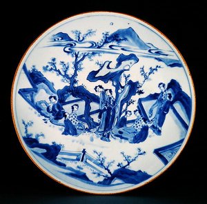 Plat peint en bleu sous glaçure avec des figures de dames, période de transition, c.1640 - School Chinese