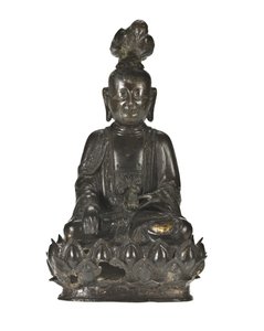 Figure de Guanyin, la déesse chinoise de la miséricorde assise sur une base en forme de lotus avec un corbeau perché sur sa tête et un lapin reposant dans sa main gauche - School Chinese