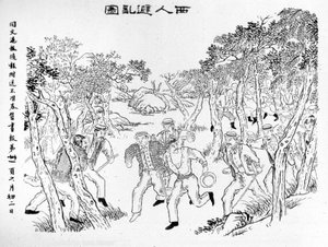Révolte des Boxers : Les Européens fuyant face aux Boxers. Illustration publiée dans le Journal de Shanghai Toung-Ouen-Hou-Pao. Environ 1899