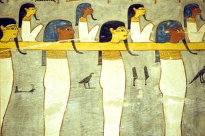 Égypte ancienne, peinture, Dieux du monde souterrain attachés à Hathor, vache divine, remorquant la barque solaire, Tombe de Ramsès Ier, Thèbes - School Egyptian
