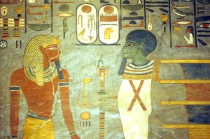 Égypte ancienne, peinture, Ramsès I devant Ptah, derrière lequel se trouve un pilier djed, Tombeau de Ramsès I, Thèbes