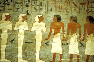 Égypte ancienne, Peinture, Tombe de Ramsès I, Trois dieux momiformes, trois dieux remorquant la barque solaire