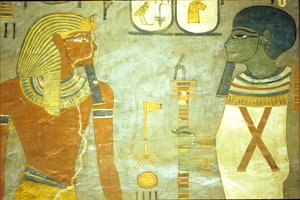 Égypte ancienne, Peinture murale, Tombe de Ramsès I, Vallée des Rois, XIXe dynastie, Ramsès I devant Ptah, Dieu de la Création - School Egyptian