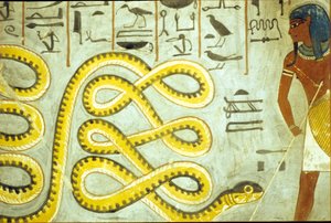 Égypte ancienne, peinture murale, Tombe de Ramsès Ier, Vallée des rois, Ramsès Ier tuant le serpent Dieu des enfers - School Egyptian
