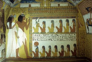Égypte ancienne, peinture murale, Tombeau de Sennedjem, Mur, Sennedjem et sa femme adorent les dieux de l