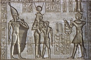 Égypte ancienne, peinture murale/sculpture, Isis allaite le jeune pharaon en présence de l