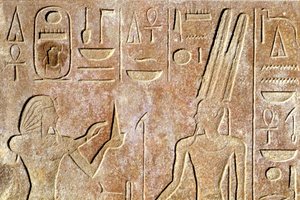 Égypte ancienne, peinture/sculpture murale, temple de Karnak/Louxor, Hatchepsout offre du pain à Amon Ra