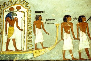 Égypte ancienne, Peinture/sculpture murale, Voyage à travers le monde souterrain, bateau tiré par des hommes, Tombe de Ramsès I, Thèbes - School Egyptian