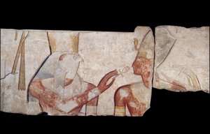 Art égyptien ancien : Le roi Ramsès II est présenté aux divinités Horus, Amon et Hathor qui lui donnent la vie et les insignes royaux - School Egyptian