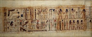 Art égyptien ancien Papyrus mythologique de Serimen. En haut : lors de la création du monde, le dieu Geb (Terre) est séparé de la déesse Nout (ciel); dieux et génies de l