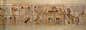Art égyptien ancien Papyrus mythologique de Serimen. En haut : Serimen aime le dieu Osiris représenté par son emblème dans la ville d