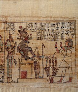 Art égyptien ancien : papyrus mythologique de Serimen. Serimen en adoration devant le dieu Ptah-Sokar-Osiris suivi d