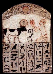 Art ancien : stèle du Sérapéum (calcaire peint). Adoration du dieu Apis. Sculpture en calcaire peint, basse époque (664-332 av. J.-C.), Égypte. Paris, Musée du Louvre - School Egyptian