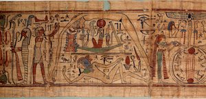 Antiquité égyptienne allégorie du cosmos : papyrus mythologique de Neskapashouty, scribe comptable des grains représentant la cosmogonie, avec Geb, Nout, Nephtys, Osiris. 1070-664 av. J.-C. 21e dynastie. Paris, musée du Louvre