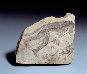 Antiquité égyptienne : ostracon représentant un singe jouant de la double flûte (aulos) pour faire danser un homme. Pierre en calcaire. 19e dynastie (vers 1295-1186). Du site de Deir el-Medineh (el Medineh). - School Egyptian