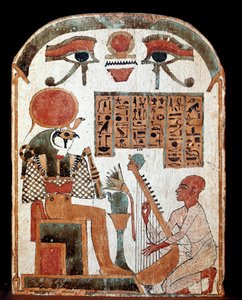 Antiquité égyptienne : stèle du harpiste Jedkhonsuiufankh en adoration devant la divinité Horus. Période intermédiaire. 1069-664 av. J.-C. Paris, Musée du Louvre - School Egyptian