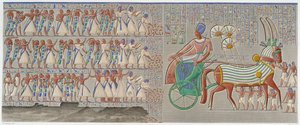 Thèbes, Medynet-Abu : bas-relief coloré, sculpté dans la galerie sud du péristyle du palais - dans « Antiquités égyptiennes », T.II - School Egyptian