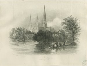 Cathédrale de Lichfield - Vue sud-ouest : gravure (vignettée), nd [c 1842] (impression) - School English