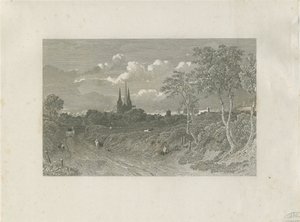 Cathédrale de Lichfield - Vue ouest (lointaine) : gravure, nd [?18e siècle] (impression) - School English