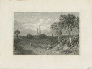 Cathédrale de Lichfield - Vue ouest (lointaine) : gravure, nd [?18e siècle] (impression) - School English