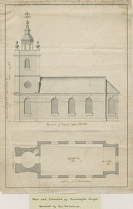 Église de Marchington - Élévation extérieure et plan intérieur: dessin à la plume, nd [?milieu 18e siècle] - School English