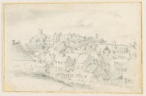 Tutbury - Ville, église et château : dessin au crayon, nd [?19e siècle] - School English