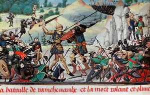Mort du chevalier Roland, neveu de Charlemagne, à la bataille de Roncevaux (778) entre l