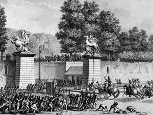 Début de la Révolution française : Monsieur Charles Eugène de Lorraine, Prince de Lambesc (1754-1825) entrant aux Tuileries avec un détachement de Royal-Allemand le 12 juillet 1789 pour réprimer les premiers révolutionnaires. Paris, Bibliothèque de l