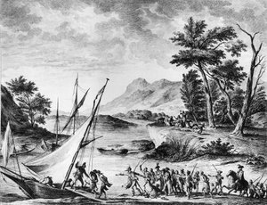 Révolution française : Arrestation des ambassadeurs français Charles Louis Huguet de Semonville (1759-1839) et Hugues Bernard Maret (1763-1839) à Novate le 25 juillet 1793. Gravure et dessin de Duplessi - Bertaux. Paris, Bibliothèque de l