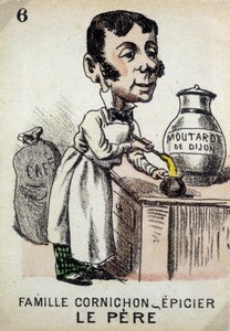 Jeu des Sept Familles : Le père de la famille Cornichon-épiciers préparant de la moutarde de Dijon. Musée de la Carte à Jouer, Issy-les-Moulineaux - School French