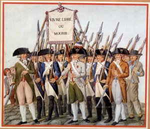 Gardes nationaux avec le drapeau « Vivre libre ou mourir » - School French