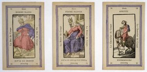 Vieilles cartes à jouer avec le roi (homme blond), la reine (femme blonde) et le cavalier (fin) coupe. Musée de la Carte à Jouer, Issy-les-Moulineaux. - School French