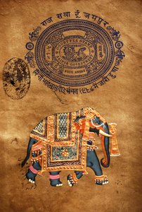 Éléphant, peinture faite à la main et vieux papier timbré, Jaipur, Rajasthan, Inde - School Indian