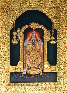 Dieu Tirupati Balaji en peinture miniature sur papier avec embossage doré - School Indian