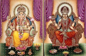 Seigneur Ganesh Ganpati Déesse et Lakshmi Peinture miniature sur ivoire - School Indian