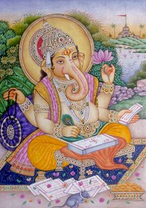 Seigneur Ganesh Ganpati Peinture miniature sur papier - School Indian