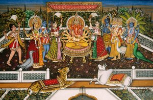 Miniature de Ganesh avec Brahma, Vishnu, Shiva, Durga sur papier - School Indian