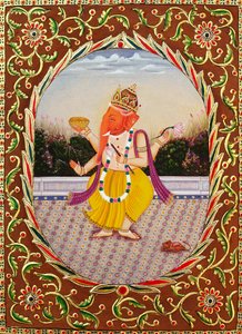 Seigneur Ganesha Ganpati, miniature sur papier avec broderie - School Indian