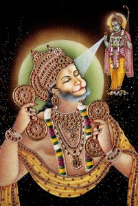 Seigneur Hanuman et Rama, peinture miniature sur papier - School Indian