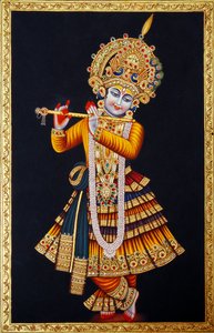 Seigneur Krishna jouant de la flûte, miniature sur papier