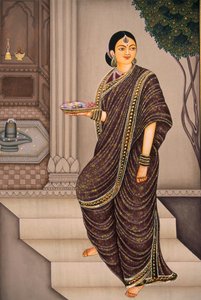 Dame marathi allant au temple, peinture miniature sur papier - School Indian