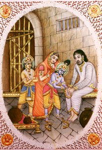 Peinture Miniature en Ivoire de Krishna Balram et Devaki Vasudeva - School Indian