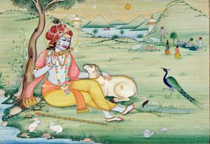 Peinture miniature de Krishna jouant de la flûte