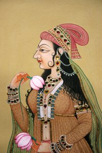 Peinture Miniature sur Papier Portrait de Dame Royale Moghole