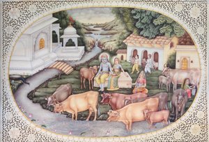 Miniature de Krishna et une laitière assis dans un champ avec du bétail - School Indian
