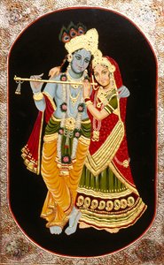 Peinture de Dieu Krishna et de sa plus grande dévote Radha, Inde - School Indian
