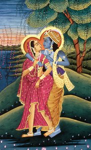 Peinture de Dieu Krishna et de sa plus grande dévote Radha, Inde - School Indian