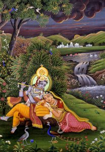 Peinture miniature de Radha Krishna - School Indian