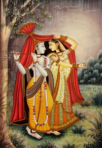 Miniature de Radha Krishna en mousson sur papier - School Indian