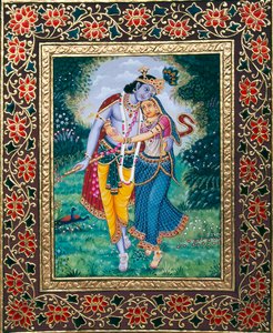 Peinture miniature de Radha Krishna sur papier - School Indian